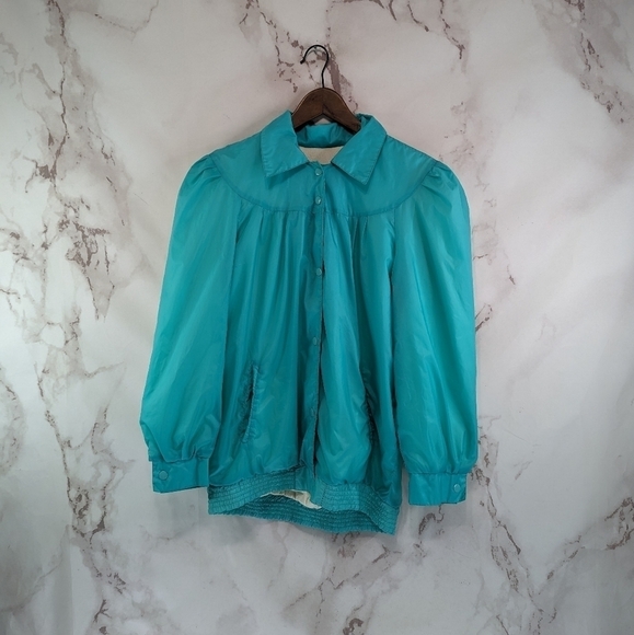 Vintage Jacket Woman Large Turquoise Windbreaker Flannel 80s 90s Puff Grannycore - Picture 1 of 12